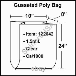 1.5 mil Gusseted Poly Plastic Bag 10x8x24 Clear FDA Approved cs/1000 (122042)