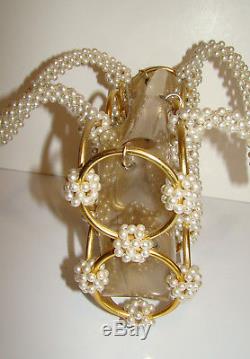 1960s Faux Pearl-Encrusted Mod Clear Plastic Handbag with Brass Rings