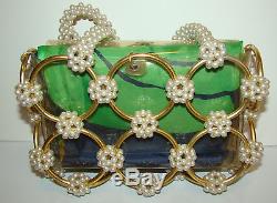 1960s Faux Pearl-Encrusted Mod Clear Plastic Handbag with Brass Rings