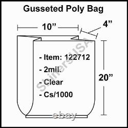 2 mil Gusseted Poly Plastic Bag 10x4x20 Clear FDA Approved cs/1000 (122712)