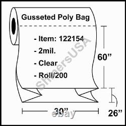 2 mil Gusseted Poly Plastic Bag 30x26x60 Clear FDA Approved Roll/200 (122154)