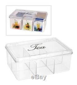 6 Compartment Clear Plastic Tea Bag Storage Box with Lid Organiser Kitchen Home