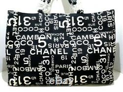Auth CHANEL By Sea Line A18303 Black Ivory Clear Canvas Plastic Tote Bag