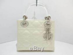 Auth ChristianDior Lady Dior Ivory Clear Satin Plastic Handbag