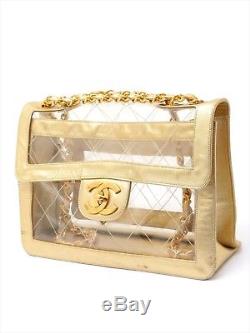 CHANEL Quilted CC Clear Gold Plastic Vinyl Leather Double Chain Shoulder Bag