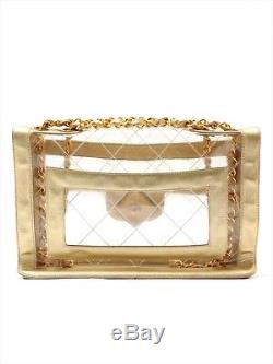 CHANEL Quilted CC Clear Gold Plastic Vinyl Leather Double Chain Shoulder Bag