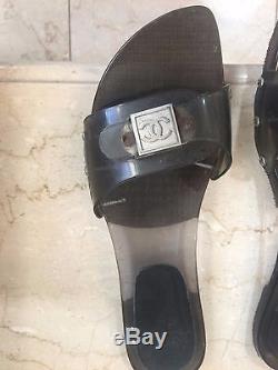 Chanel Clear Black Grey Plastic Sandals Silver Size 38 with Shoe Box and CC Bag