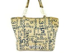 Chanel Tote Bag Shoulder Vintage Baixi Beige Navy Clear Canvas Plastic Wom 7119