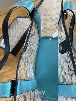 Coach Ferry Clear Canvas Tote With Matching Mini Bag Baby Blue / Black Leather
