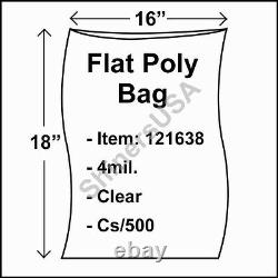 Flat Poly Plastic Bag 4-mil 16x18 cs/500 Clear Packaging Heat Seal FDA 121638