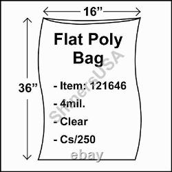 Flat Poly Plastic Bag 4-mil 16x36 cs/250 Clear Packaging Heat Seal FDA 121646