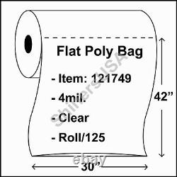 Flat Poly Plastic Bag 4-mil 30x42 roll/125 Clear Packaging Heat Seal FDA 121749