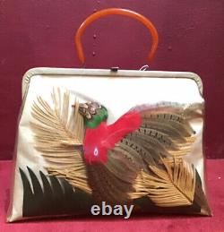 Huge Vintage 50s 60s Clear Vinyl Purse Hand Bag Large Bakelite Bird