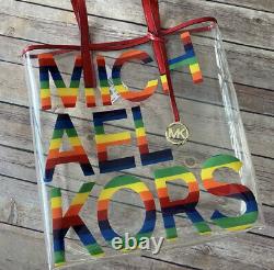 MICHAEL KORS Rainbow Large Graphic Logo Print Clear Transparent Tote Bag NWT