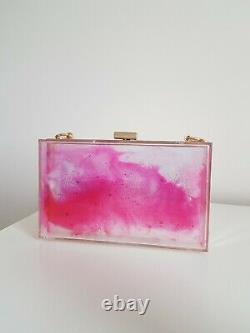 Pink Resin Art Clear Clutch Bag With Gold Chain Handmade Artwork Designer Bag