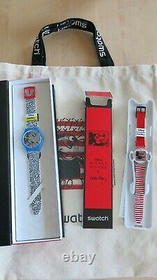 Swatch X Haring X Eclectic Mickey Suoz 336 And Mouse Mariniere Gz352 With Bag