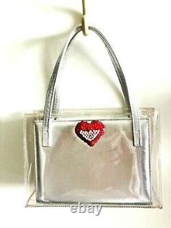 Vintage STUART WEITZMAN Silver Clutch In Clear Vinyl Bag with Red Swarovski Heart